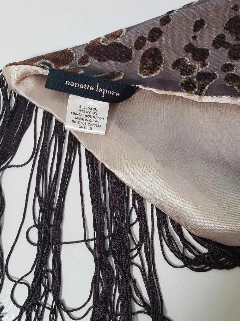 Nanette Lapore Brown Grey Burnout Velvet Abstract Animal Long Fringe Scarf Wrap